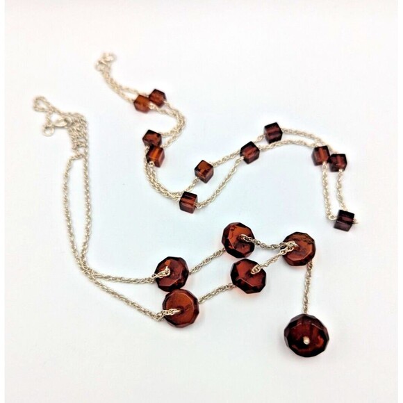 Sterling Silver 925 Baltic Amber Faceted Beads Stations Two Necklaces
